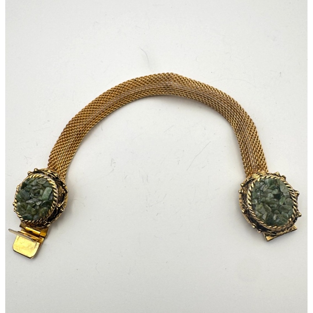 Vintage Mesh Bracelet Gold Tone Milanesi Wrap Raw Green Chip Stone